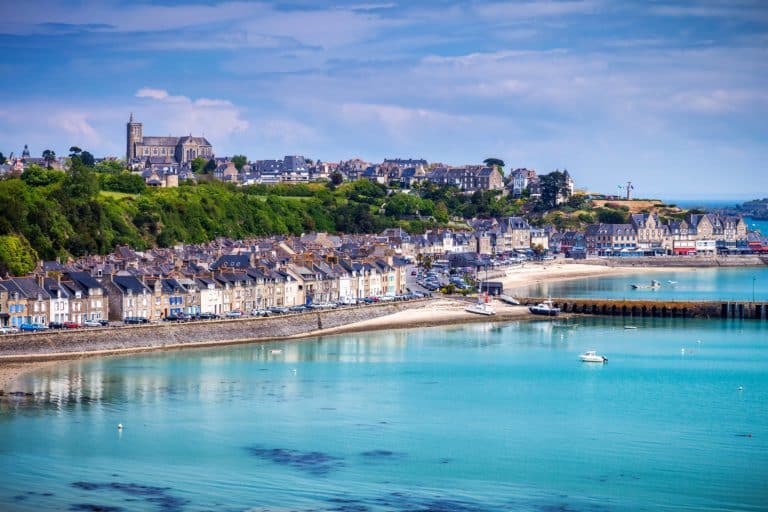 Oyster beds and the harbour at Cancale on the Brittany coast